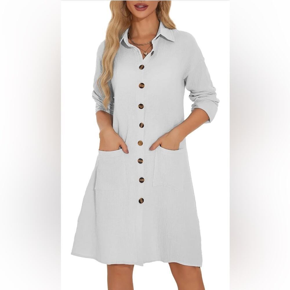 White Cotton Shirt Dress Long Sleeve Button Down Tunic with Pockets Medium